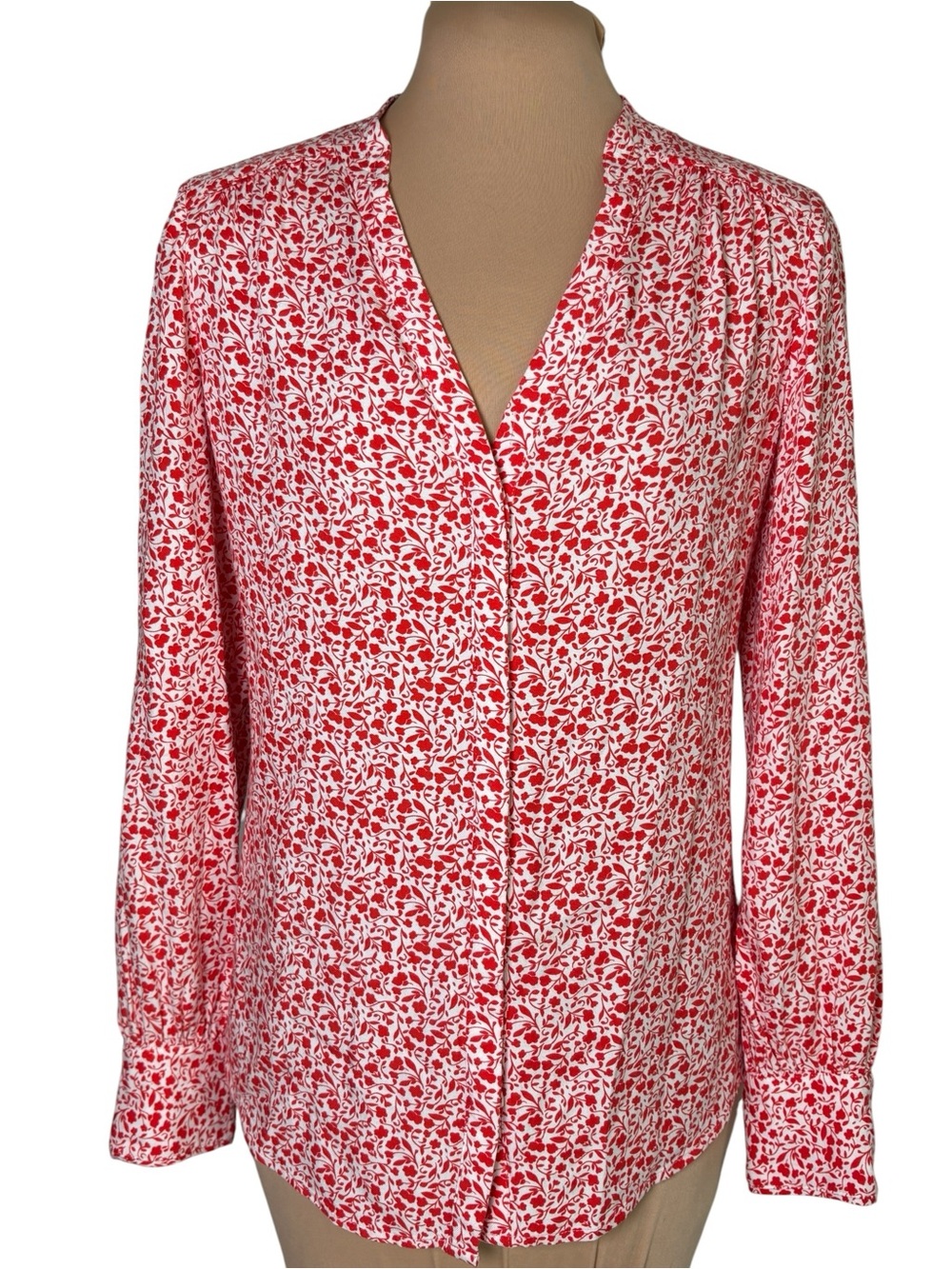 Boden Red Floral Print Blouse US 6 V Neck Long Sleeve Lightweight Top